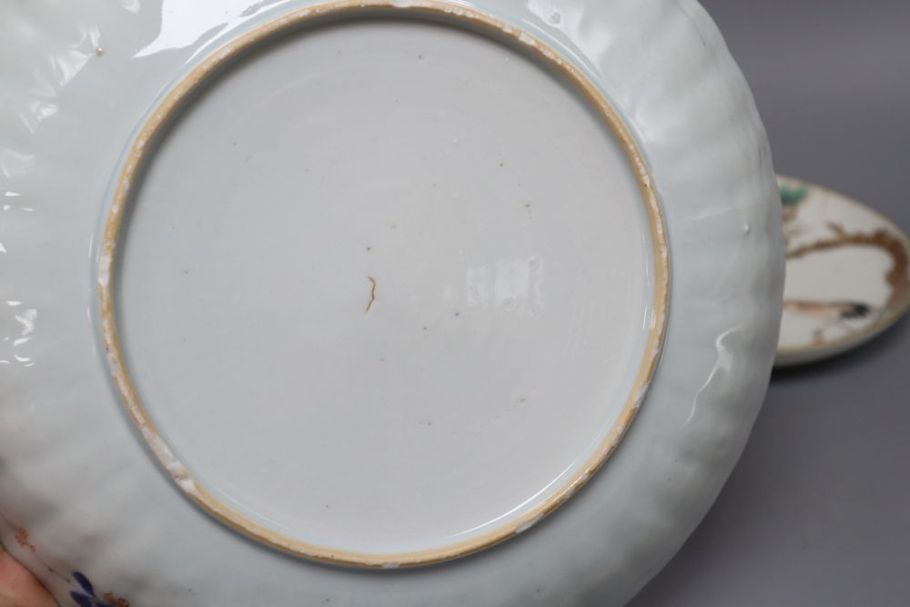 A 17th century Arita crane dish and an 18th century Chinese Imari fluted dish and similar soup plate, largest diameter 26cm